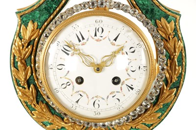 Lot 1267 - A FINE OVER-SIZED 19TH CENTURY FRENCH ORMOLU AND MALACHITE LYRE SHAPED EIGHT-DAY MYSTERY CLOCK GARNITURE