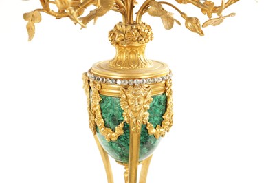 Lot 1267 - A FINE OVER-SIZED 19TH CENTURY FRENCH ORMOLU AND MALACHITE LYRE SHAPED EIGHT-DAY MYSTERY CLOCK GARNITURE
