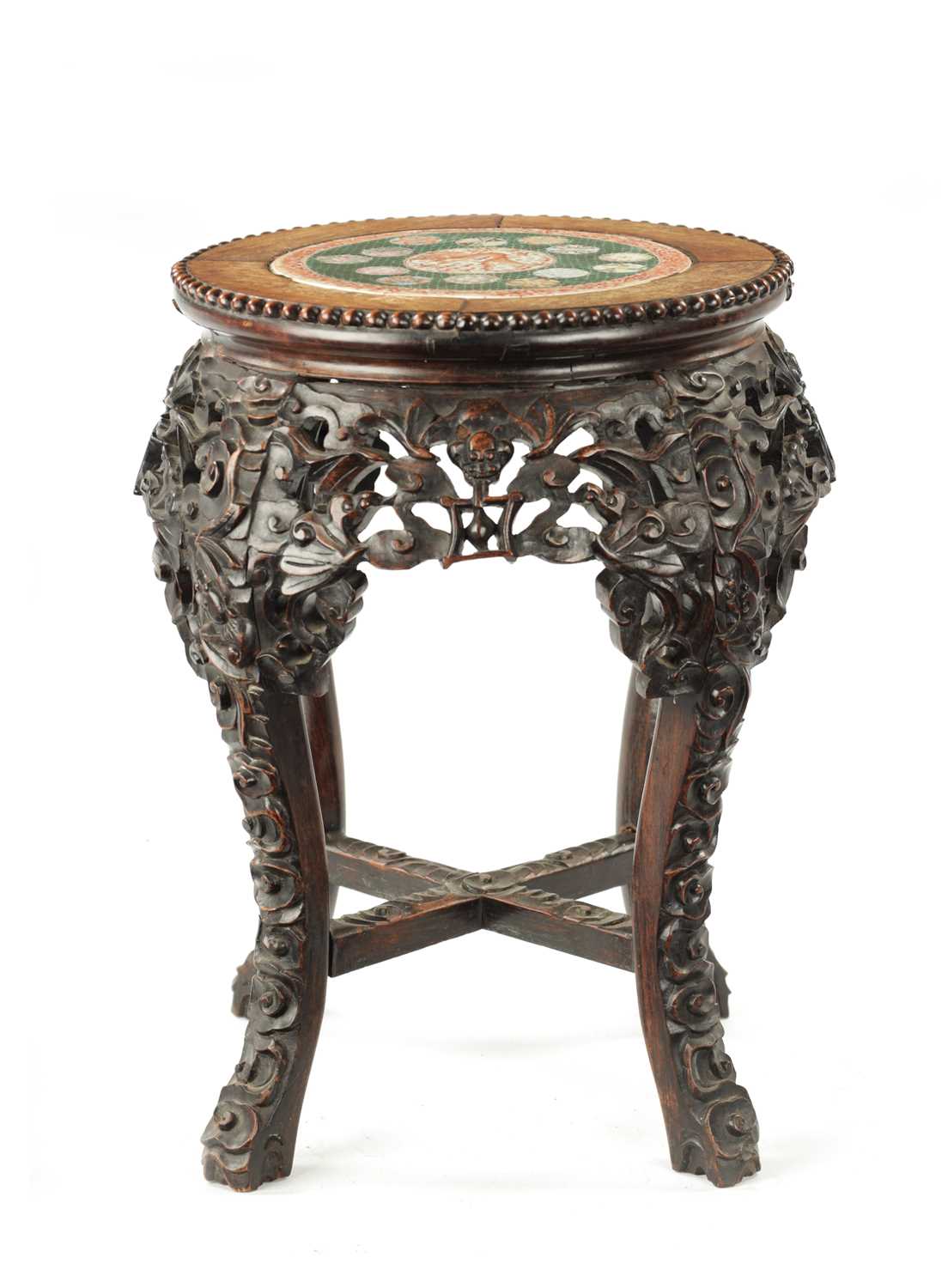 Lot 591 - A 19TH CENTURY CHINESE HARDWOOD JARDINIERE STAND WITH CANTON PORCELAIN TOP