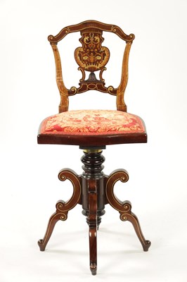 Lot 1418 - A 19TH CENTURY INLAID ROSEWOOD REVOLVING MUSIC CHAIR