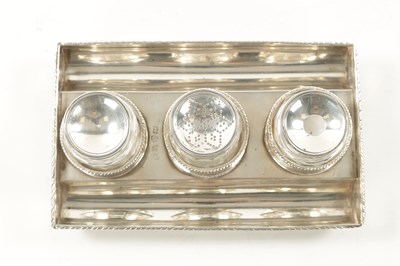 Lot 734 - A GEORGE III SILVER DOUBLE-SIDED TRIPLE  PEN AND INK STAND