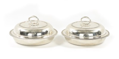 Lot 723 - A GOOD PAIR OF PAUL STORR CIRCULAR SILVER ENTREE DISHES OF LARGE SIZE