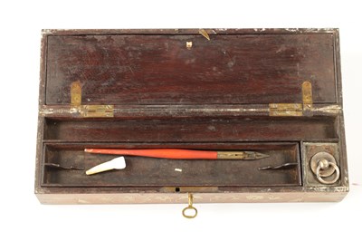 Lot 525 - A 19TH CENTURY ANGLO INDIAN BRASS INLAID HARDWOOD PEN AND INK BOX