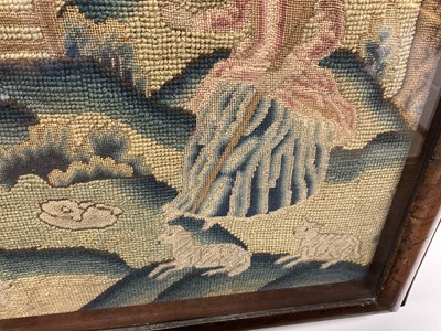 Lot 1124 - AN 18TH CENTURY WALNUT CUSHION FRAMED NEEDLEWORK PICTURE