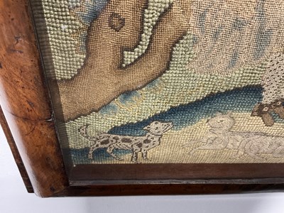 Lot 1124 - AN 18TH CENTURY WALNUT CUSHION FRAMED NEEDLEWORK PICTURE