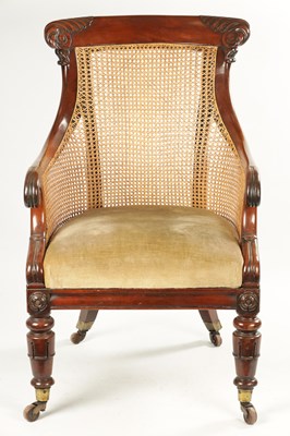 Lot 307 - A GOOD WILLIAM V CARVED MAHOGANY BERGERE LIBRARY CHAIR WITH OLD LANCASTER PAPER LABEL - POSSIBLY GILLOWS