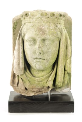 Lot 66 - AN 18TH CENTURY CARVED STONE HEAD POSSIBLY GUINEVERE