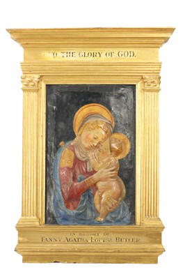 Lot 104 - A RARE EARLY ITALIAN POLYCHROME STUCCO PANEL OF MADONNA AND CHILD POSSIBLY 15TH CENTURY