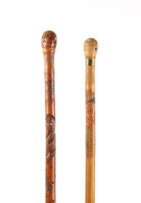 Lot 367 - TWO 19TH CENTURY ORIENTAL BAMBOO CARVED WALKING CANES