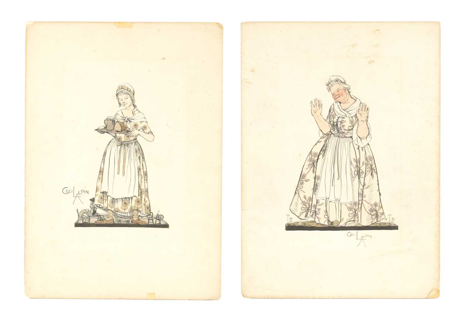 Lot 409 - CECIL ALDIN (1870-1935) TWO PEN AND INK DRAWINGS OF A MAID AND MISTRESS
