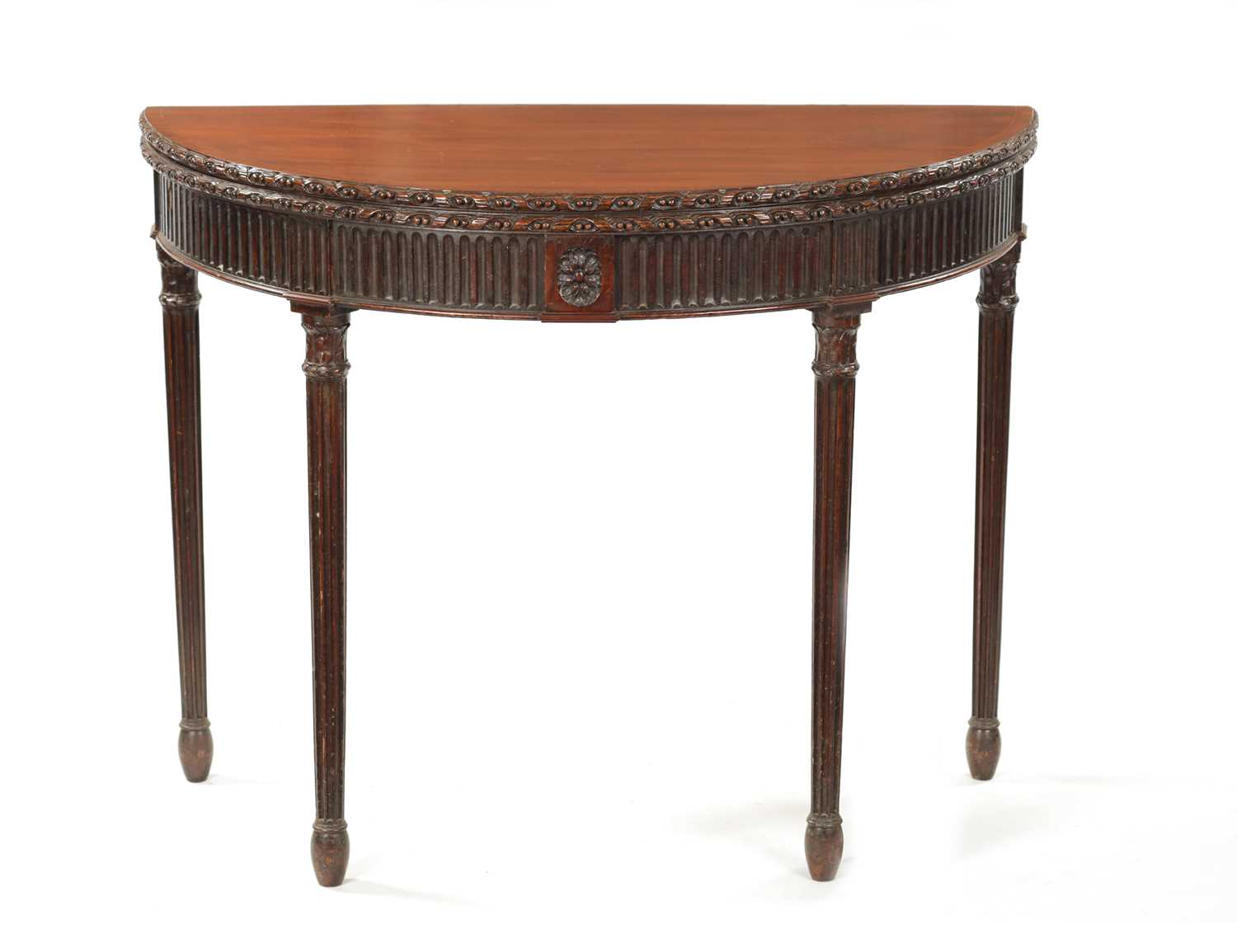 Lot 349 - A GEORGE III MAHOGANY DEMI LUNE CARD TABLE IN THE MANNER OF ROBERT ADAM