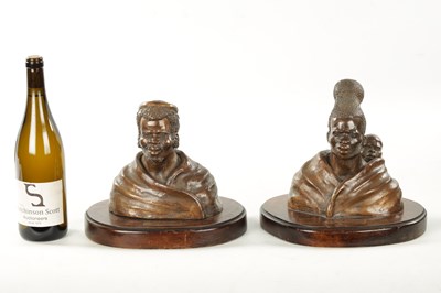 Lot 297 - A PAIR OF 20TH CENTURY BRONZE SCULPTURES DEPICTING A ZULU WOMEN AND MAN BY PIERRE VAN RYNEVELD SIGNED AND DATED 1938