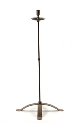 Lot 347 - AN 18TH / 19TH CENTURY WROUGHT IRON FLOOR STANDING CANDLESTICK