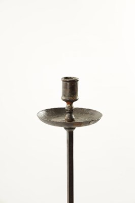 Lot 347 - AN 18TH / 19TH CENTURY WROUGHT IRON FLOOR STANDING CANDLESTICK
