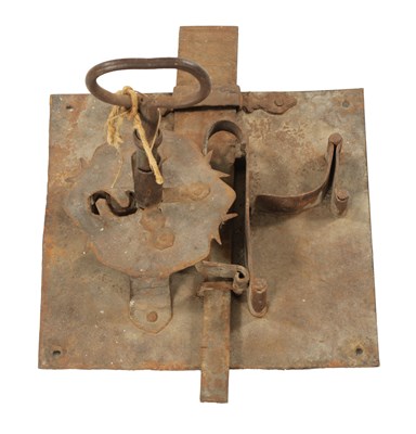 Lot 351 - AN EARLY 18TH CENTURY IRON LOCK AND KEY OF LARGE SIZE