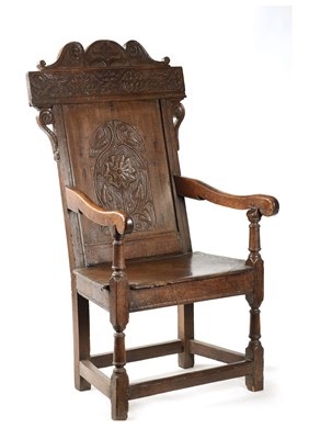 Lot 357 - A 17TH CENTURY WAINSCOT CHAIR WITH TUDOR ROSE