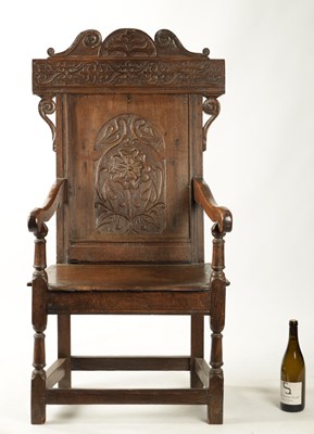 Lot 357 - A 17TH CENTURY WAINSCOT CHAIR WITH TUDOR ROSE