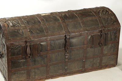Lot 86 - A RARE 17TH CENTURY DOMED TOP IRON BOUND LEATHER COVERED COFFER
