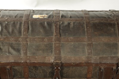 Lot 86 - A RARE 17TH CENTURY DOMED TOP IRON BOUND LEATHER COVERED COFFER