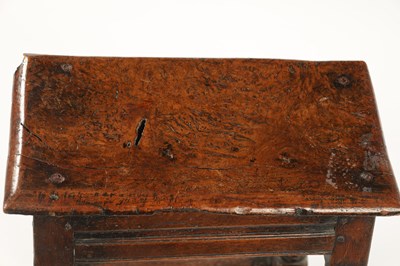 Lot 22 - A 17TH CENTURY AND LATER OAK JOINT STOOL WITH POLLARD OAK BURR TOP
