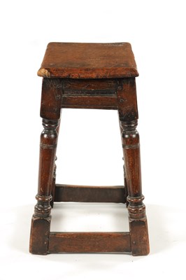 Lot 22 - A 17TH CENTURY AND LATER OAK JOINT STOOL WITH POLLARD OAK BURR TOP