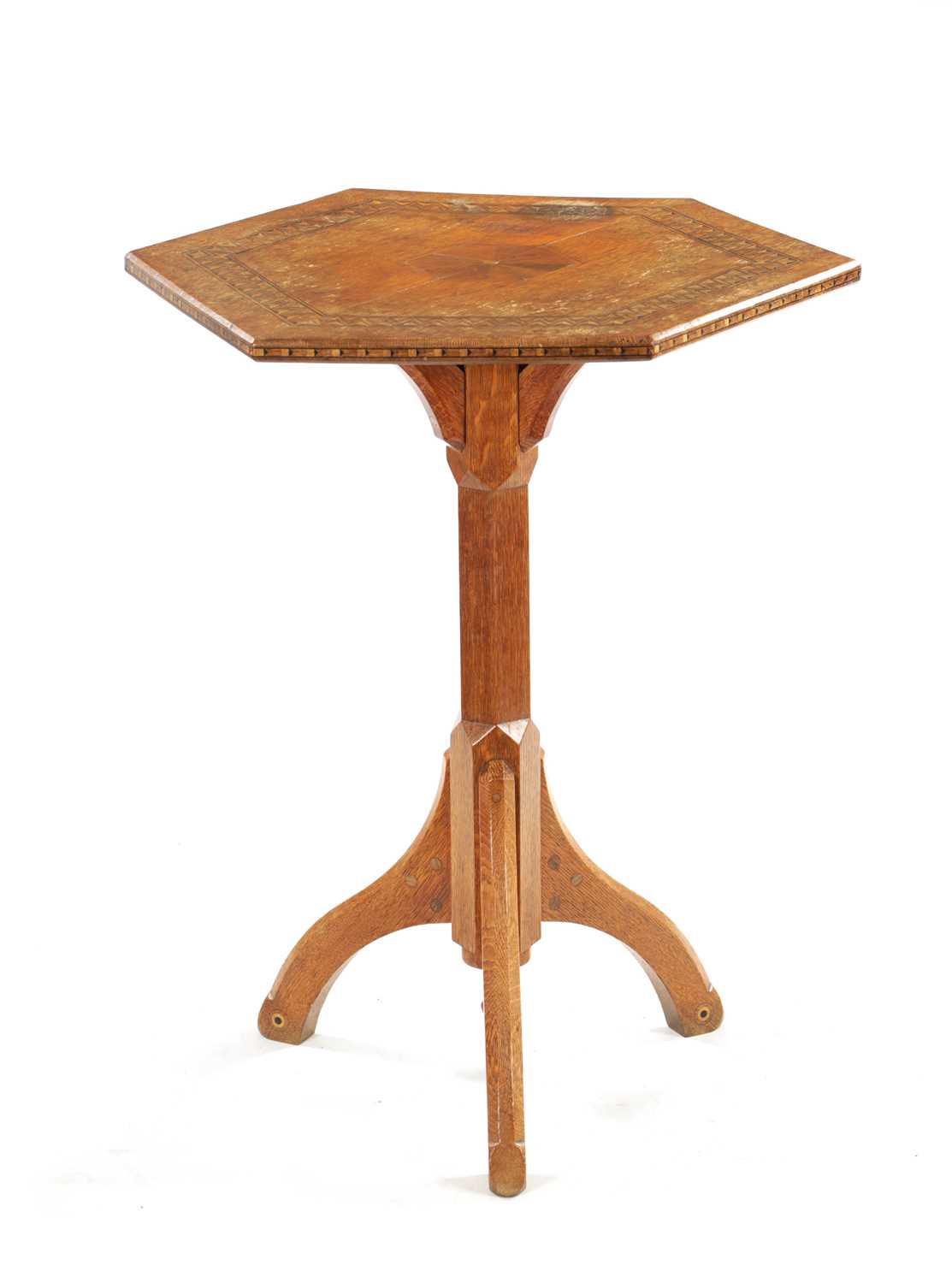 Lot 176 - AN EARLY 20TH CENTURY AESTHETIC PERIOD OCTAGONAL PUGINESQUE INLAID OAK OCCASIONAL TABLE