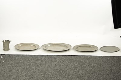 Lot 273 - A SET OF FOUR 18TH CENTURY PEWTER PLATES AND A LIPPED TANKARD