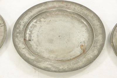 Lot 273 - A SET OF FOUR 18TH CENTURY PEWTER PLATES AND A LIPPED TANKARD