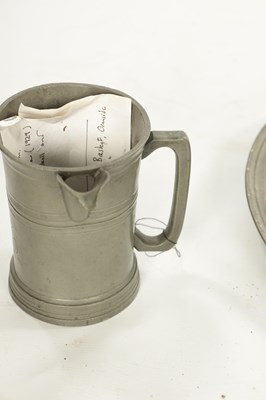 Lot 273 - A SET OF FOUR 18TH CENTURY PEWTER PLATES AND A LIPPED TANKARD