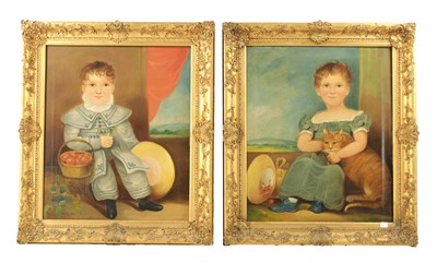 Lot 283 - I.B.EATON, A FINE PAIR OF 19TH CENTURY NAIVE SCHOOL FULL LENGTH PORTRAITS OF CHILDREN