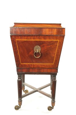 Lot 315 - A REGENCY INLAID MAHOGANY CELLARETTE ON TAPERED FLUTED LEGS IN THE MANNER OF GILLOWS