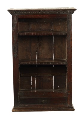 Lot 256 - A 17TH CENTURY OAK HANGING OPEN SPICE RACK WITH FITTED DRAWER