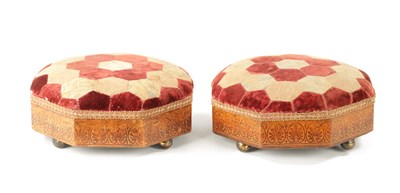 Lot 439 - A PAIR OF REGENCY 'BULLOCK' INSPIRED PENWORK UPHOLSTERED FOOTSTOOLS