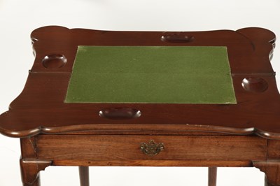 Lot 452 - A GEORGE II FIGURED MAHOGANY TRIPLE TOP FOLD-OVER GAMES TABLE