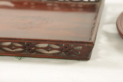 Lot 10 - AN 18TH CENTURY RECTANGULAR FRETTED GALLERY TRAY TOGETHER WITH A MAHOGANY CIRCULAR TOP