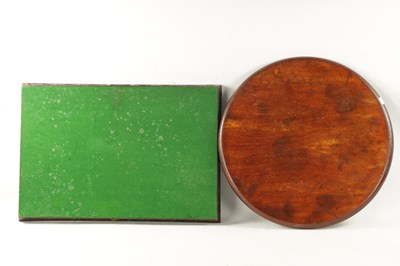 Lot 10 - AN 18TH CENTURY RECTANGULAR FRETTED GALLERY TRAY TOGETHER WITH A MAHOGANY CIRCULAR TOP