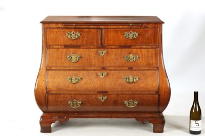 Lot 169 - AN 18TH CENTURY FIGURED  MAHOGANY BOMBE SHAPED CHEST OF DRAWERS