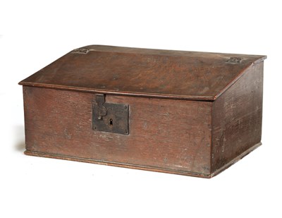 Lot 299 - AN 17TH CENTURY SLOPE TOP OAK BIBLE BOX