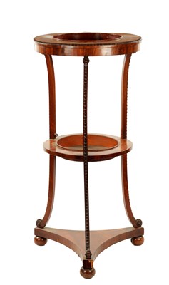 Lot 303 - A REGENCY TWO TIER MAHOGANY JARDINIERE STAND WITH BEADED DECORATION