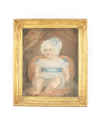 Lot 380 - A 19TH CENTURY PASTEL OF A SEATED CHILD WITH BONNET