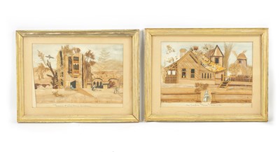 Lot 17 - AN UNUSUAL PAIR OF 19TH CENTURY FOLK ART COLLAGES INSCRIBED ‘REMAINS OF CARNE ABBEY, DORSET’ AND ‘AN ENGLISH FARM HOUSE’