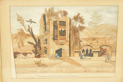 Lot 17 - AN UNUSUAL PAIR OF 19TH CENTURY FOLK ART COLLAGES INSCRIBED ‘REMAINS OF CARNE ABBEY, DORSET’ AND ‘AN ENGLISH FARM HOUSE’