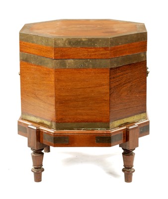 Lot 379 - AN UNUSUAL 18TH CENTURY COLONIAL PADOUK OCTAGONAL SHAPED WINE COOLER ON STAND