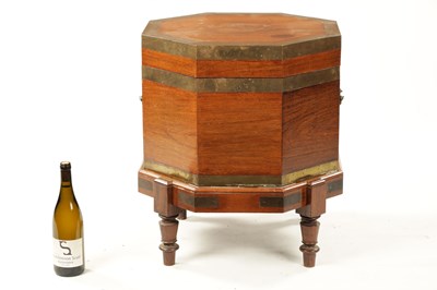 Lot 379 - AN UNUSUAL 18TH CENTURY COLONIAL PADOUK OCTAGONAL SHAPED WINE COOLER ON STAND