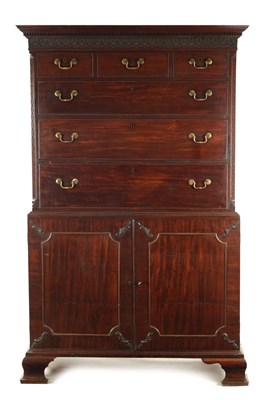 Lot 208 - A FINE GEORGE III CHIPPENDALE DESIGN MAHOGANY SECRETAIRE CHEST ON CABINET FROM THE LILFORD ESTATE