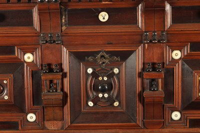 Lot 110 - A 17TH CENTURY TWO PART MOULDED FRONT YEW-WOOD, WALNUT  AND EBONY CHEST OF DRAWERS