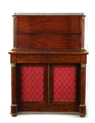 Lot 237 - A GOOD REGENCY FRENCH EMPIRE FIGURED MAHOGANY SECRETAIRE SIDE CABINET