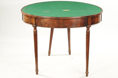Lot 143 - A LATE 18TH CENTURY DEMI LUNE CARD TABLE ON FLUTED LEGS IN THE MANNER OF GILLOWS
