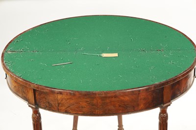 Lot 143 - A LATE 18TH CENTURY DEMI LUNE CARD TABLE ON FLUTED LEGS IN THE MANNER OF GILLOWS