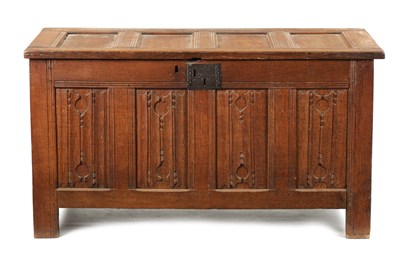 Lot 444 - A 17TH CENTURY CARVED OAK LINEN FOLD COFFER